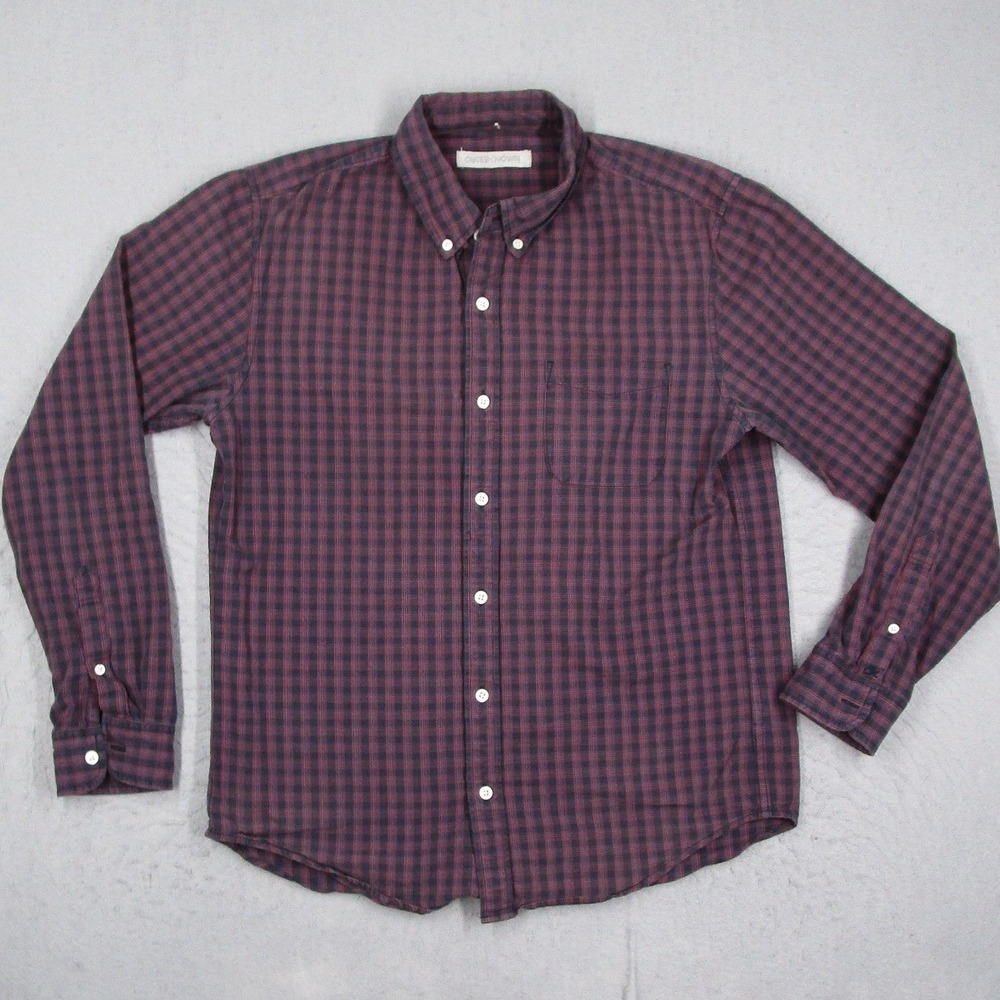Outerknown Mens Organic Cotton Plaid Button Down Shirt Navy Burgundy Size M